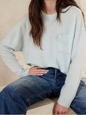 Banana Republic Oversize Lightweight 100% Cashmere Crewneck Sweater Luxury Blue